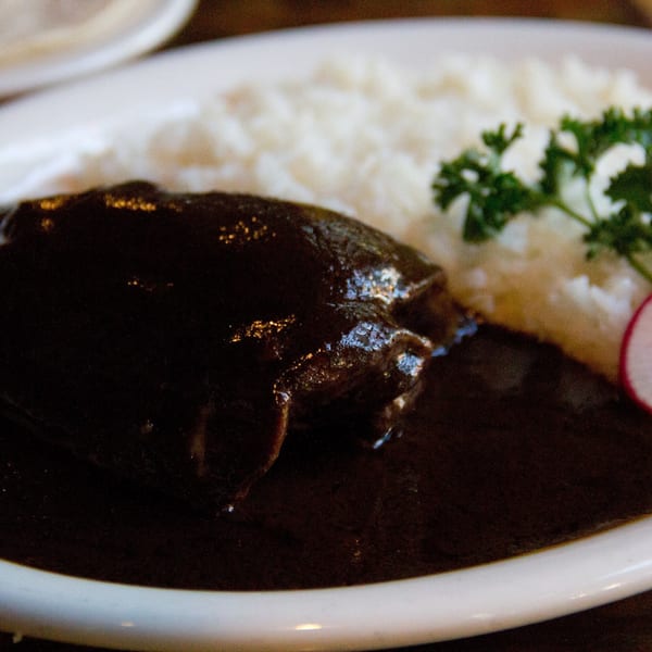 Chicken mole with white rice, garnished with parsley and a radish slice.