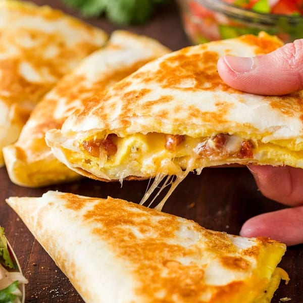 Hand holding a cheesy Villa Escondida quesadilla with chorizo and eggs, cheese stretching.